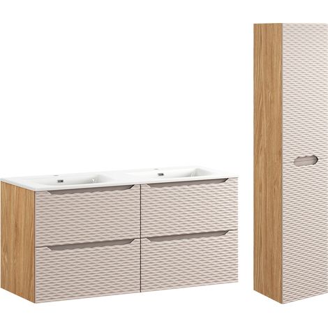 Ensemble meuble double vasque encastrée 120cm 4 tiroirs et colonne Elora Beige et bois (1/5)