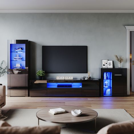 ELEGANT Living Room Home Furniture Set 2000mm LED TV Unit Stand Display Cabinet Sideboard with 16 color RGB LED Lights Storage Unit in Black High Gloss Style 1 (1/5)