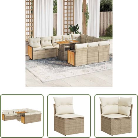 Meuble de jardin - Salon de jardin 11pcs avec coussins beige résine tressée acacia (1/5)