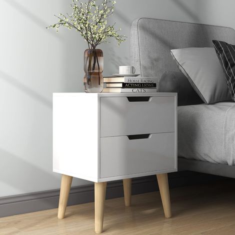 Set of 2 bedside tables with 2 drawers, recessed handle, Nordic style, side table for bedroom, living room, white (1/5)