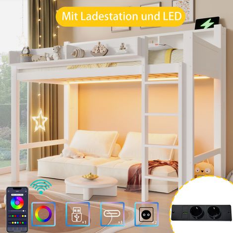 Lit mezzanine en bois 90×200 cm avec rangements intégrés, étagères, Lit Superposé Enfant avec éclairage LED et prise USB – Pour chambre enfant ou adulte – Blanc