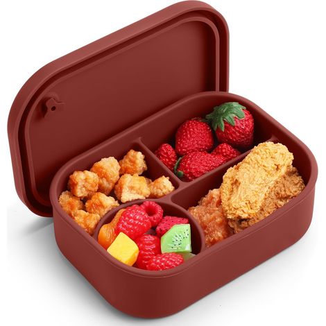 Contenitore per il pranzo in silicone a 4 scomparti, capacità 740 ml (25 oz), a prova di perdite, adatto al forno, alla lavastoviglie e al congelatore, senza BPA, ideale per i viaggi (rosso scuro). (1/5)
