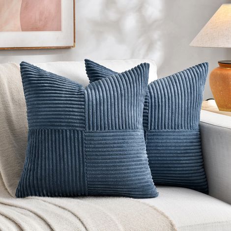 Lot de 2 housses de coussin boho 55x55 cm bleu denim, motif entrecroise en velours cotele, decor canape chambre (1/5)