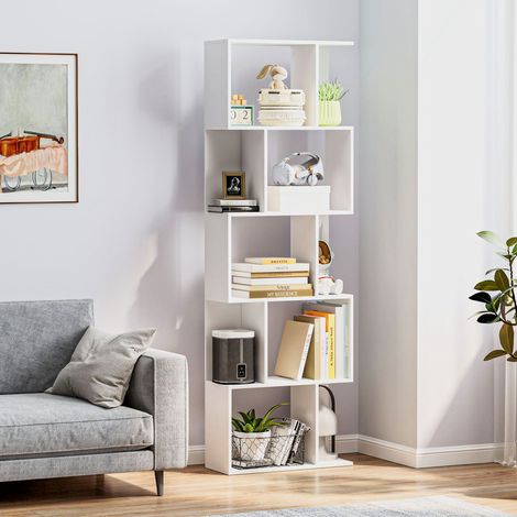 Estantería Librería de 5 Niveles en Forma de S con 10 Estantes para Dormitorio Estudio Oficina 60x24x184,5 cm Blanco (1/5)