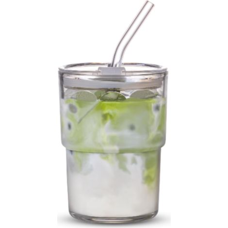 Gobelet en verre de 400 ml avec couvercle à paille, isotherme pour café et boissons froides, transparent. (1/3)