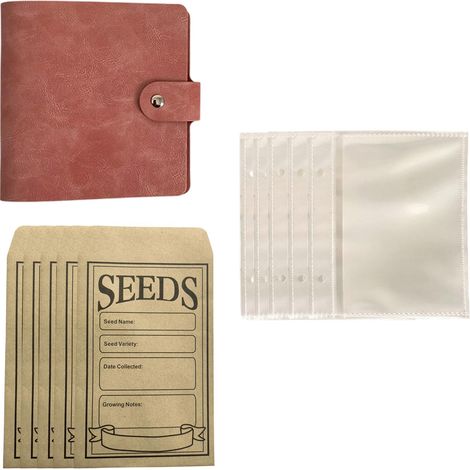 1 pochette en cuir rose avec 2 anneaux et 50 sachets de semences, solution pratique pour organiser les graines de jardin et les petites pièces, rangement de semences, sachets de graines vides (1/5)