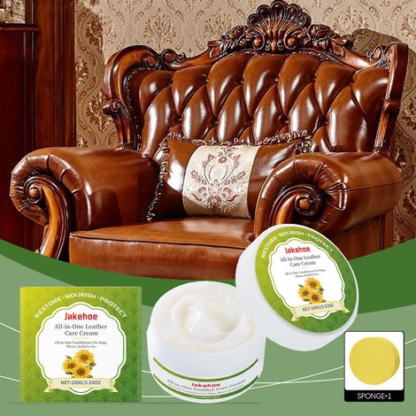 Crème d'entretien pour le cuir, nourrissante et réparatrice pour les rayures sur sacs, meubles, sièges auto et autres articles en cuir – 100 g + éponge ronde jaune (1/5)