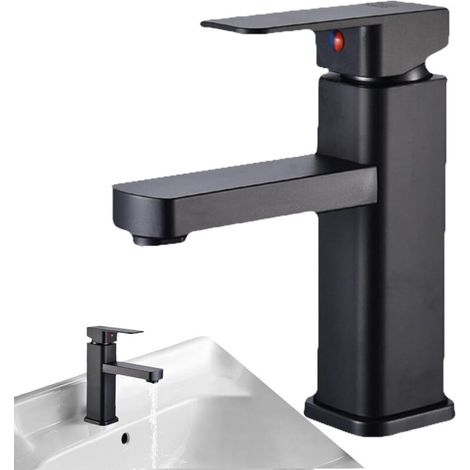 Robinet De Lavabo Carré Monotrou - Robinet De Salle De Bain Robuste En Acier Inox Avec Noyau Céramique Noir Mat Pour Salle De Bain Et Cuisine Avec Tuyaux 60cm (1/5)