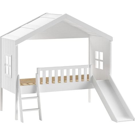 LAKA - Lit Maison Surélevé 90x200cm Blanc avec Toboggan (1/3)