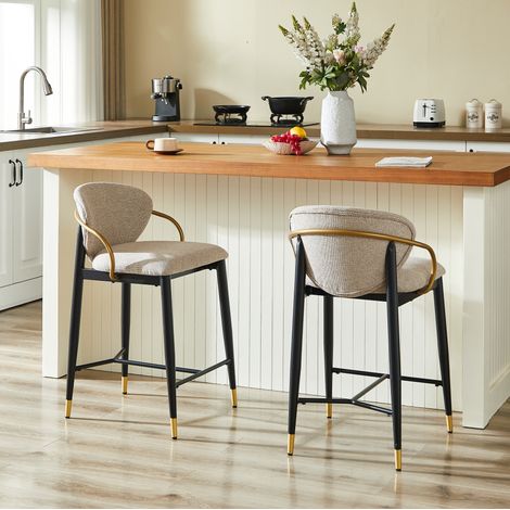Set de 2 taburetes de bar 52x57x87 cm, tejido marrón claro y metal negro, regulables – MEUBLIV (1/5)