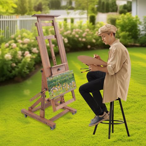 Caballete extragrande y robusto con forma de H, con capacidad para 1 o 2 lienzos de hasta 200,7 cm, reclinable hasta quedar plano y móvil, fabricado en madera de haya para pintura caballete profesiona (1/5)