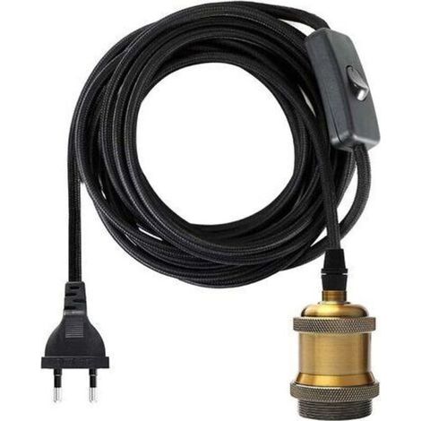 Douille E27 avec Interrupteur, Fil électrique en Tissu de Câble de 1.2 mètres pour Douille Ampoule/ Edison retro suspension Luminair/ Lampe Créative, Adaptateur de Lampe Vintage Laiton (1/5)