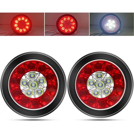 2 x 4-Inch LED Rear Light for Trailer, Round 24 V Truck, Trailer, Boat, Rear Tail Light, Reverse Fog Light with Chrome Ring (Black-Red (1/5)