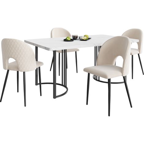 Ensemble de salle à manger, table 140x80 cm avec 4 chaises modernes, fauteuils en velours beige à motif diamant, pieds réglables, plateau MDF blanc, piètement noir. (1/5)
