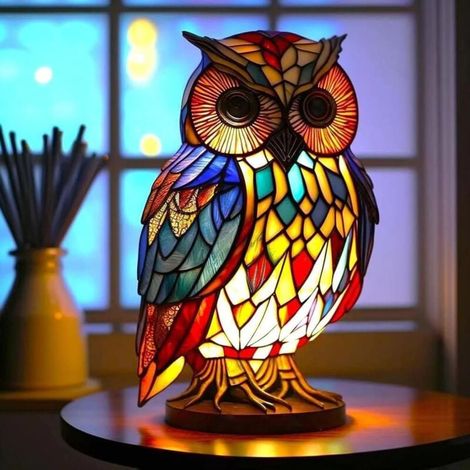 Lampe de table animal en verre coloré, lampe de chevet vintage colorée, veilleuse en résine, lampe décorative pour chambre, salon, maison, bureau - Chouette (1/5)