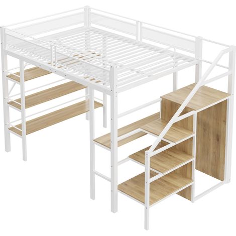 Lit mezzanine 140200 cm, étagère de rangement à trois niveaux, bureau, armoire, escalier de sécurité avec compartiment de rangement, design de garde-corps haut, lit en fer, lit simple, blanc (1/5)