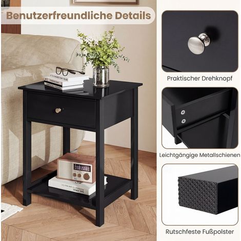 Set of 2 bedside tables with drawer & open shelf, side table, nightstand, night console, black (1/5)