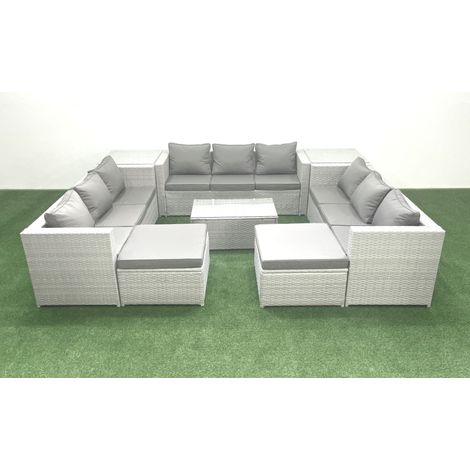Fimous Ensemble de meubles de jardin en rotin 11 places avec Canapé de jardin Table basse 2 Grand tabourets 2 Tables d'appoint Gris clair mixte (1/5)