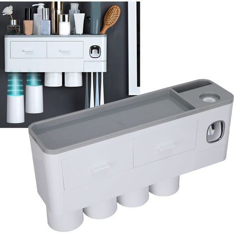 Ensemble de toilette comprenant un porte-brosse à dents magnétique suspendu, un distributeur de dentifrice et un tiroir de rangement. (1/5)
