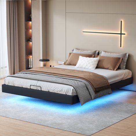 Lit coffre suspendu 160x200 avec rangement - Structure en PU noir, sommier à lattes intégré et éclairage LED - Literie design
