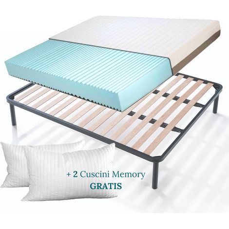 EVERGREENWEB - Kit Rete e Materasso Matrimoniale 170x200 Memory Foam Alto 20 cm Sfoderabile + Coppia Cuscini Gratis, Set Letto - Materasso Effetto Massaggiante Rete a Doghe in Legno Ortopedica Offerta (1/5)