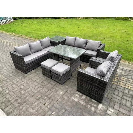 Fimous 10 Seater Wicker PE Rattan Outdoor Furniture Lounge Sofa Garden Dining Set with Dining Table Side Table Armchairs 2 Stools Dark Grey Mixed (1/5)