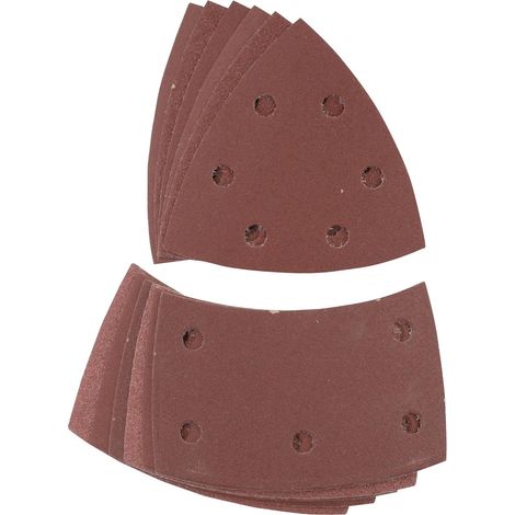 10 dreieckige Stücke 180er Schleifpapier können in handtellergroße Schleifpapierstücke mit den Maßen 152 x 105 mm und 11 Löchern geteilt werden.