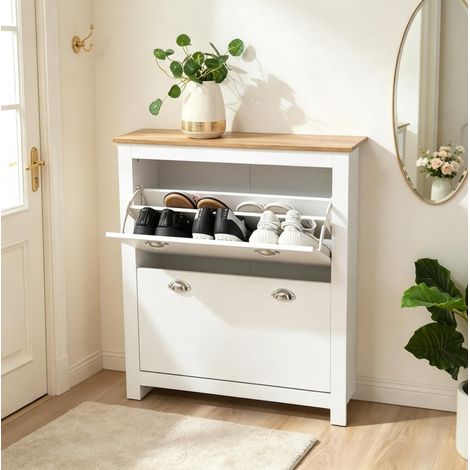 Mobile portascarpe bianco e rovere, MDF E1, 79 x 23 x 90,5 cm HAVRYA (1/5)