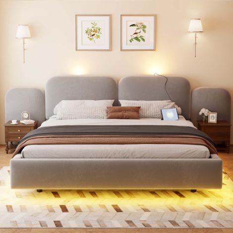Lit Rembourré 180 x 200 cm Velours Gris, Lit avec Rangement Hydraulique, Bandeau LED RGB et Ports de Charge USB/Type-C, Tête de Lit Capitonée à Lattes (1/5)