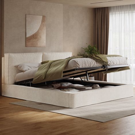 Lit Coffre 180x200 cm en Velours Côtelé Beige - Grand lit double, Mécanisme Hydraulique et Sommier à Lattes - Design Moderne Scandinave