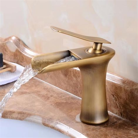 Robinet de lavabo pour salle de bain et cuisine, robinet cascade en laiton durable, robinet de lavabo moderne avec robinet d'eau chaude et froide, style antique (1/5)