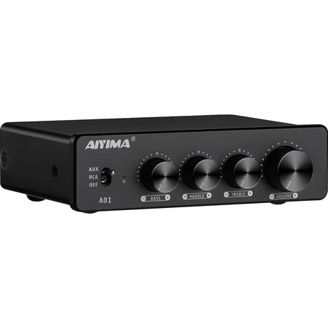 Amplificador de audio, 80 W por canal, salida de 2 canales, entrada AUX y RCA, agudos y graves ajustables, diseño compacto. (1/5)