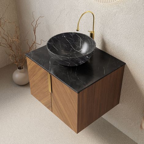 Meuble de salle de bain mural 61 cm avec vasque pierre noire. Plan de travail fritté,2 portes contreplaqué finition chêne brun.