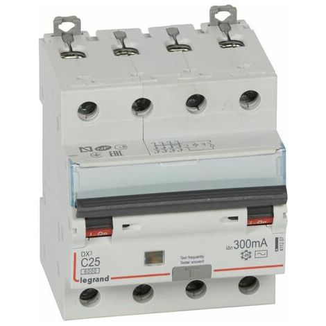 Disjoncteur différentiel monobloc DX³6000 10kA arrivée haute et départ bas à vis 4P 400V - 25A - typeAC 300mA - LEGRAND