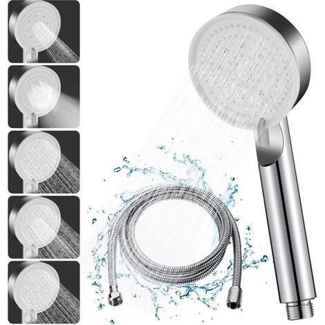 High Pressure Shower Head, Water Saving Shower Head 5 Modes Adjustable, Economical Shower Head, Bathroom Shower Head, Shower Head with 1.5M Hose (Silver Set)