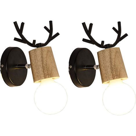 Applique da parete con testa di cervo in legno e ferro – Confezione da 2 – Stile nordico creativo – Illuminazione ideale per 10-15 m² – Corpo ruotabile a 360° (1/5)