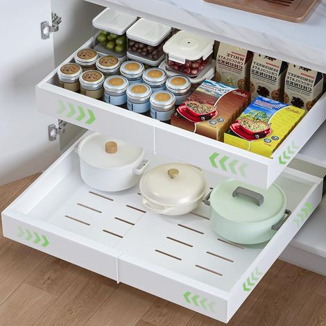 2PCS Tiroir Télescopique, Tiroir Coulissant Cuisine, 32-52cm Tiroirs Coulissants à Largeur Réglable, Organiseur de Placard Extensible avec Système de Rails, Étagères coulissantes pour l'organisation (1/5)