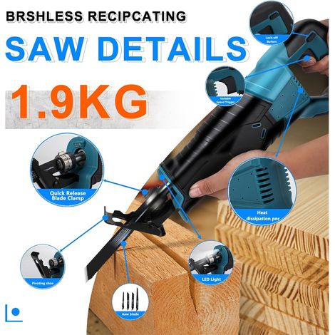 Säbelsäge Kompatibel mit Makita 18V, 4 Sägeblätter, variable Geschwindigkeit, 3500 U/min, für Holz/Metall/PVC (1/5)