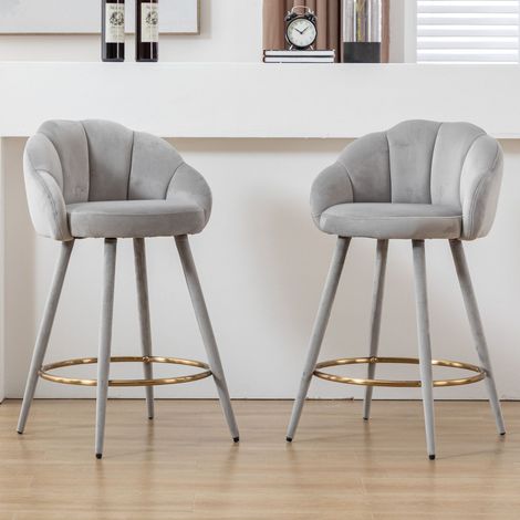 Wahson Bar Stools Set of 2, Velvet Upholstered Counter Stools with Petal Backrest, Modern Kitchen Island Chairs for Home Bar, Restaurant, Grey (1/5)