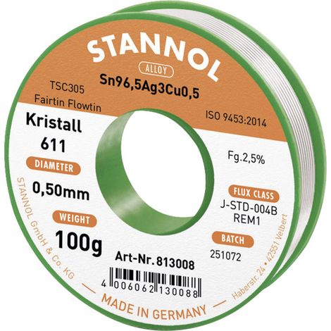 STANNOL Lötzinn Kristall 611, TSC305, Sn96,5Ag3,0Cu0,5, Fairtin Flowtin, 0,5 mm, 100 g