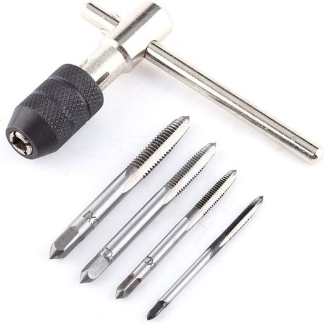 Jeu de 4pcs Tarauds à Goujure Droite à Main Assortiment M3,M4,M5,M6 en Acier avec 1pc Clé à Tarauder pour Filet Rapporté (1/5)