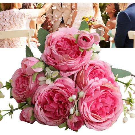3 bouquets de 5 roses persanes artificielles, bouquet de fleurs noué à la main pour mariage, salon ou décoration intérieure, rose et violet. (1/5)