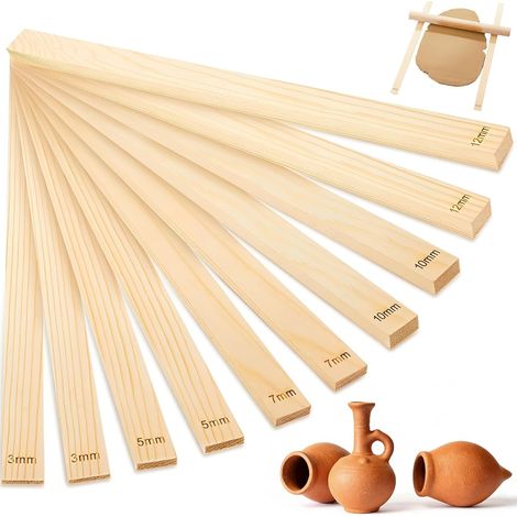 10 Pièces Outils de Poterie, Rail de Guidage Bandes en Bois 34cm x 2cm (3/5/7/10/12 Mm, 2 Pièces Chacune) pour Poterie Argile Polymère et Bricolage Diy (1/5)