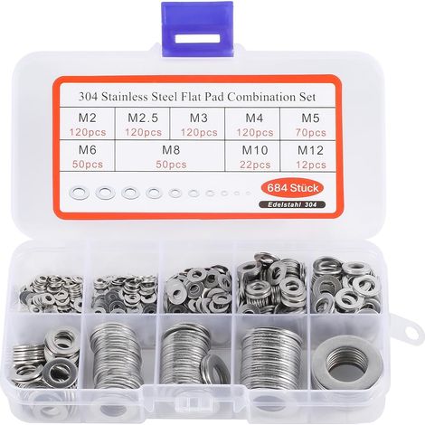 684 Pièces Inox Rondelles Plates Metal, pour Gonds de Porte, 9 Tailles Rondelles Acier Inoxydabl 304 - M2 M2.5 M3 M4 M5 M6 M8 M10 M12 Rondelle Carrossier Inox (1/5)