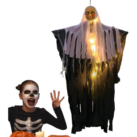 Outdoor Gespenster Dekorationen 84,99 cm Gruseliges fliegendes Nonnen-Skelett Halloween Nonnen-Skelett mit LED-Beleuchtung Für Haustür, Wand, Fenster, Geisterhaus, Garten, und Terrasse (1/5)