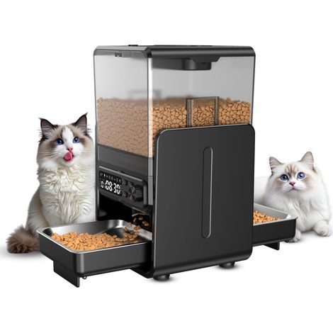 Distributeur automatique de nourriture pour 2 chats (5 L / 20 tasses) avec doubles gamelles surélevées réglables, panneau de commande amovible, programmateur pour croquettes (chats et chiens) et doubl