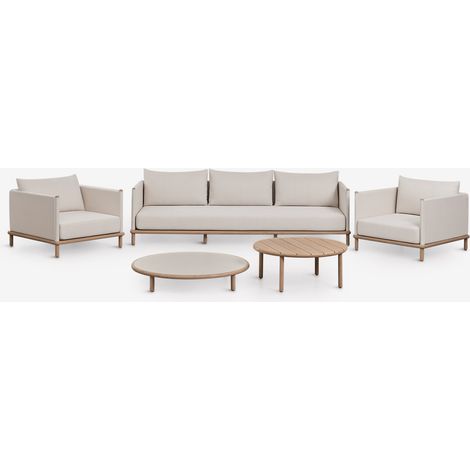 SKLUM Wohnzimmerset mit 3-Sitzer-Sofa, 2 Sesseln und 2 runden Couchtischen aus Akazienholz Olivia Weiß Gardenia – Hellbraun Akazie             Helles Akazienbraun                     