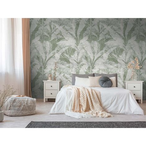 Papier peint intissé Palmiers & Feuilles Vert, Blanc - 1,59 x 2,8 m (1/3)