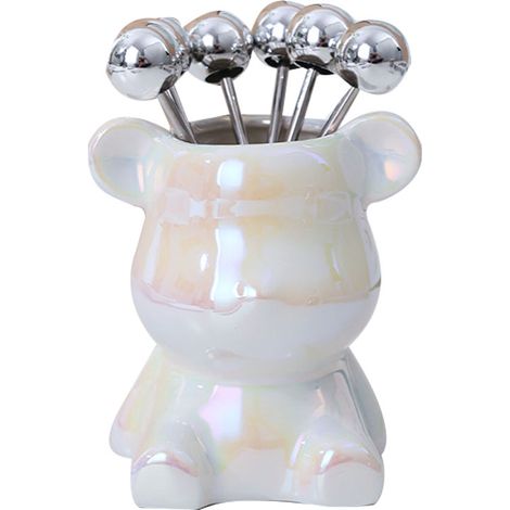 Porte-fourchettes en Céramique Animaux Mignons avec 6 Fourchettes Inox pour Fruits – Support de Cuisine Maison en Forme d'Ours Blanc Perlé (1/5)
