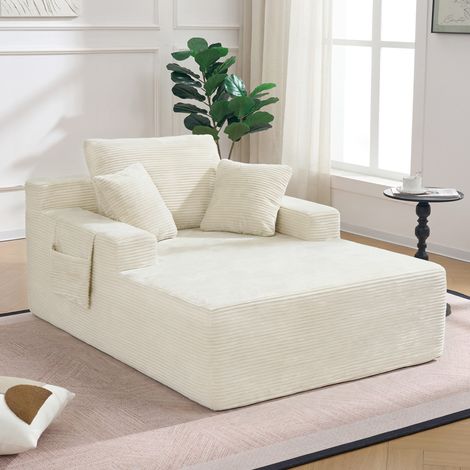 Méridienne, canapé chaise longue 1 place, 110x150x70 cm, sans montage, coussins moelleux, poches latérales, mousse et ressorts, velours côtelé beige (1/5)